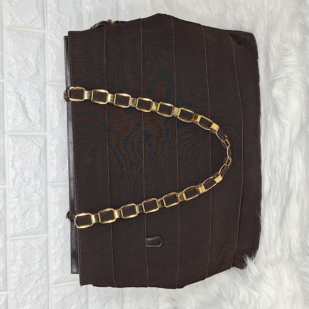 SALVATORE FERRAGAMO Brown Grosgrain Ribbon Tiered Tote Bag with Chain Ha…